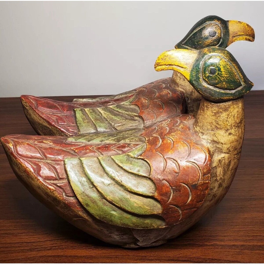 13" Antique Pair Wooden Handcarved & Painted Mallard Ducks Decoy Sculpture Art